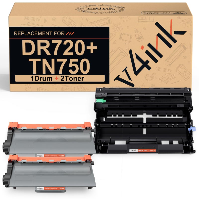 v4ink Compatible Toner Cartridge and Drum Set Replacement for Brother TN750 DR720 (1 Drum + 2 Toners) for Brother hl-5470dw hl-5450dn mfc-8710dw mfc-8950dw mfc-8910dw dcp-8110dn dcp-8150dn Printer - Image 1